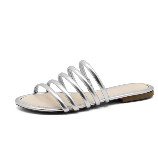 Slip-On Silver Strappy Flat Sandals - Julia & Santos 
