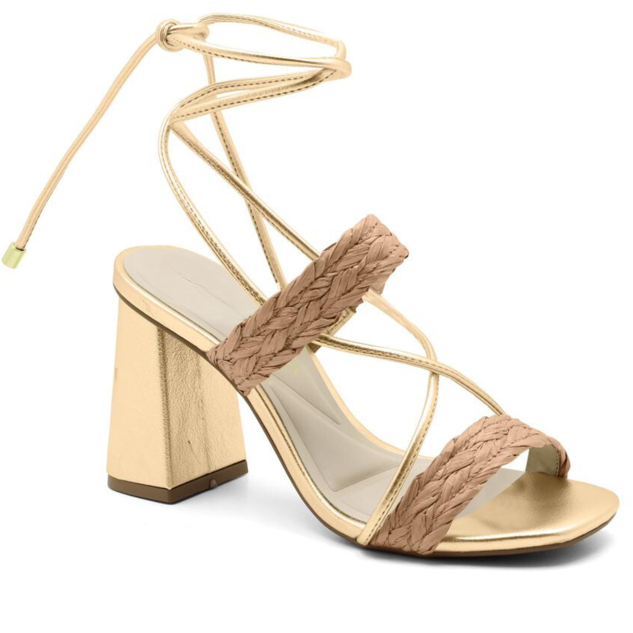 Tan Gold Tie Up Block Heel