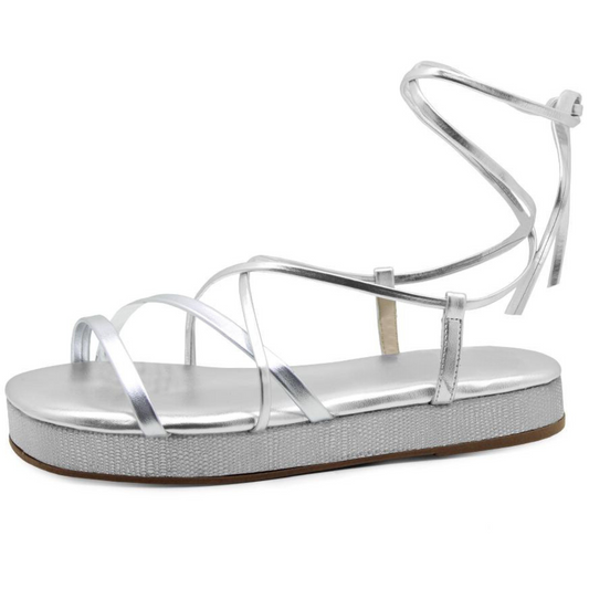 Silver Strappy Tie-Up Flatform Sandals - Julia & Santos 