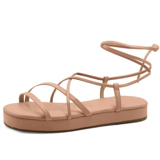 Tan Strappy Tie-Up Flatform Sandals - Julia & Santos 