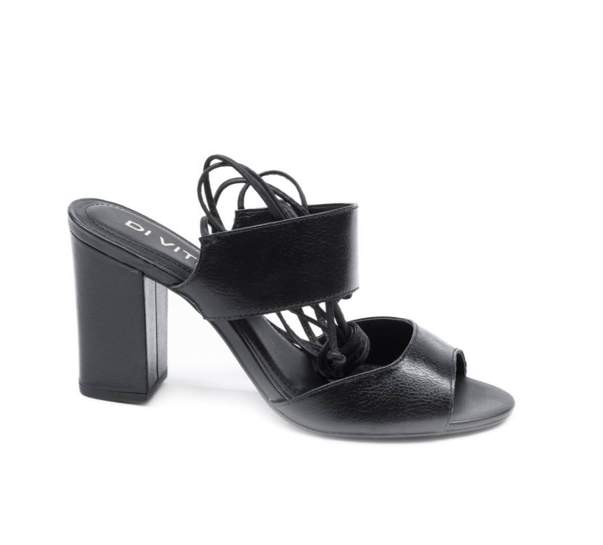 Black Tie-Up Block Leather Heeled Sandal