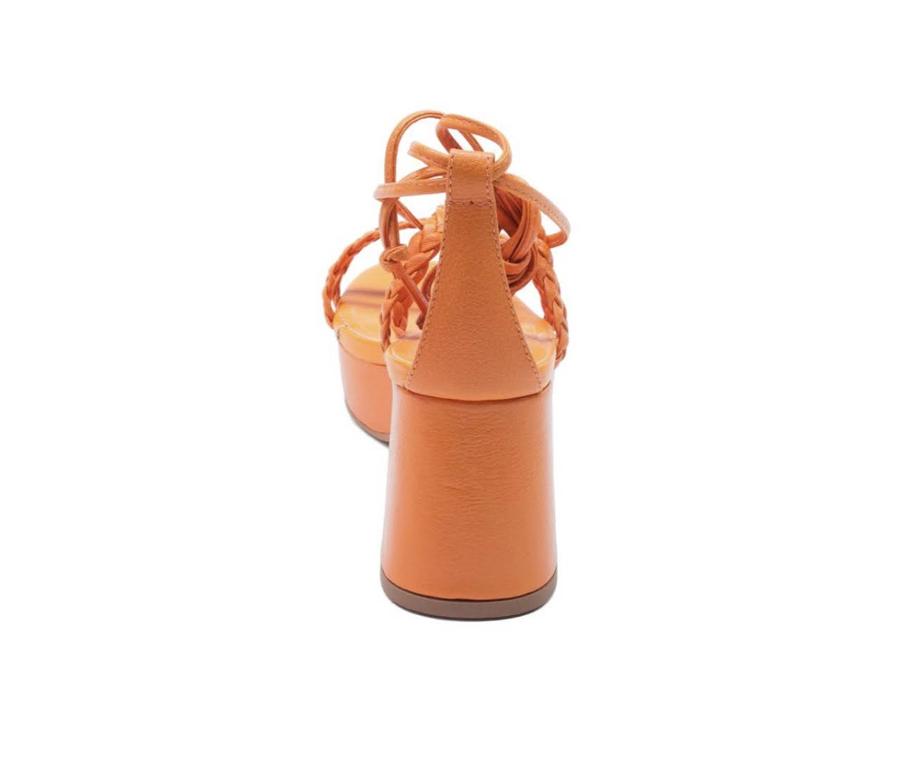 Orange Tie Up Leather Block Heel Sandals
