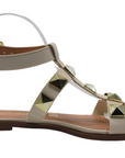 Studded Off White/Gold Flat Sandals - Julia & Santos 