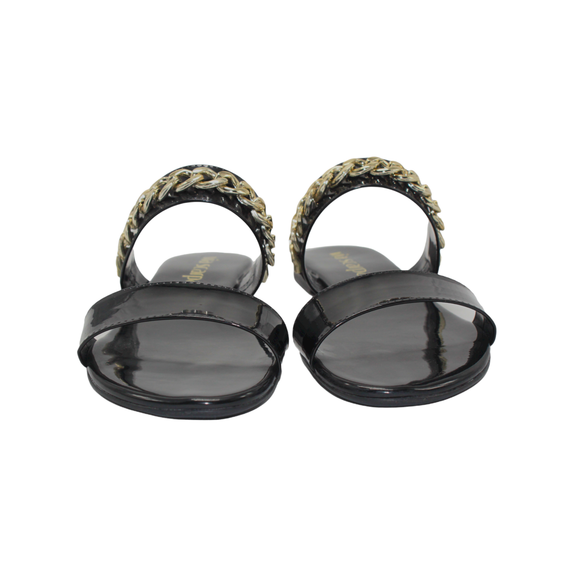 Black and Gold Chain Slip On Flat Sandals - Julia & Santos 