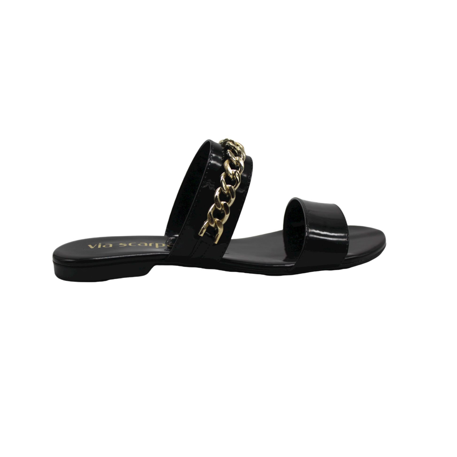 Black and Gold Chain Slip On Flat Sandals - Julia & Santos 