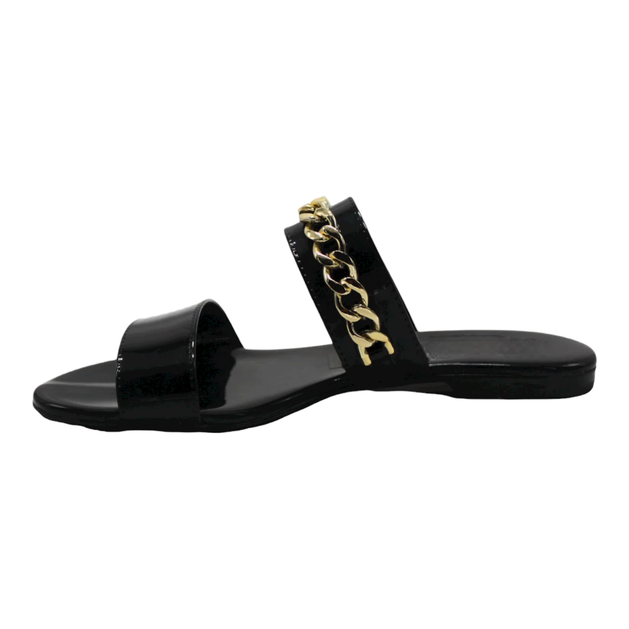 Black and Gold Chain Slip On Flat Sandals - Julia & Santos 