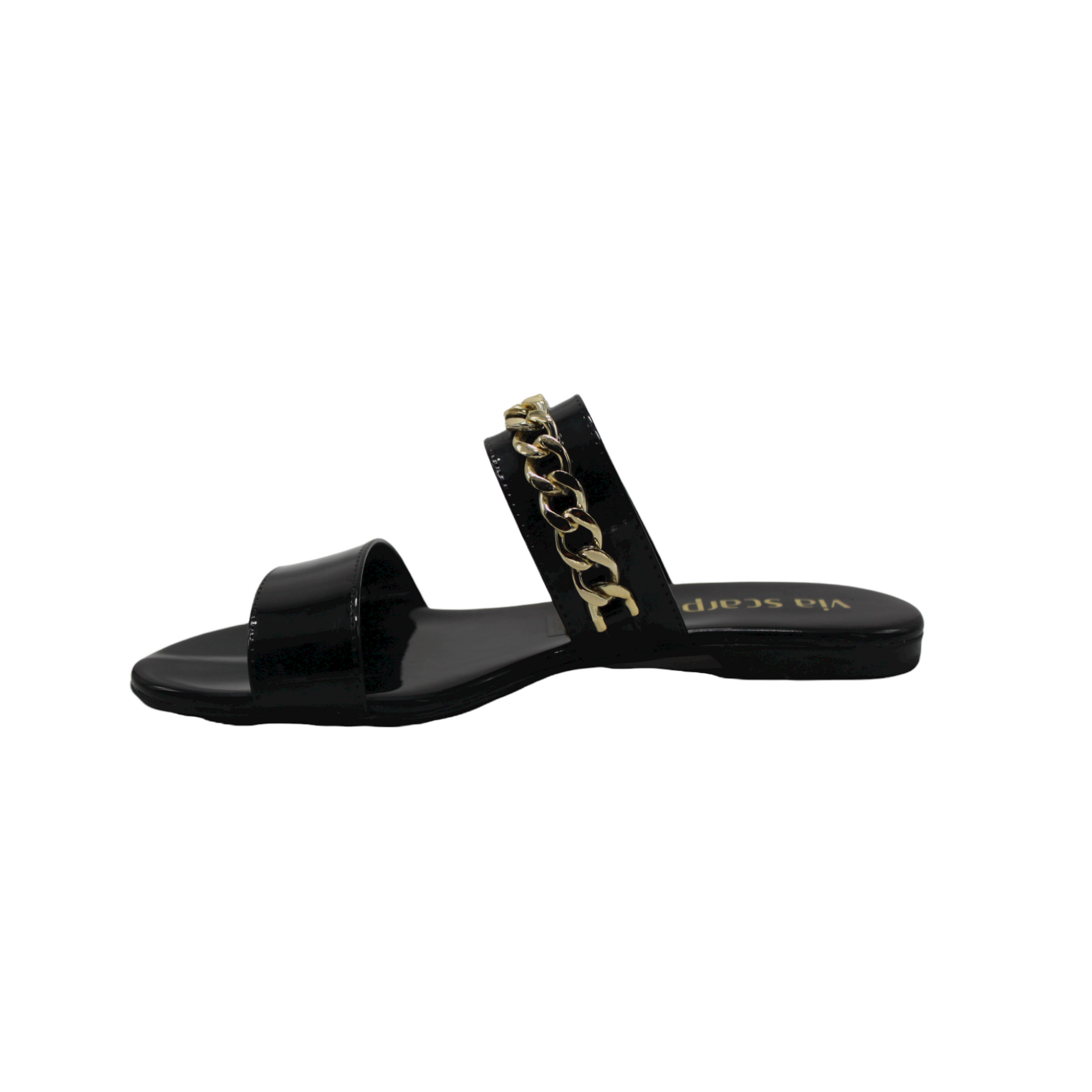 Black and Gold Chain Slip On Flat Sandals - Julia & Santos 